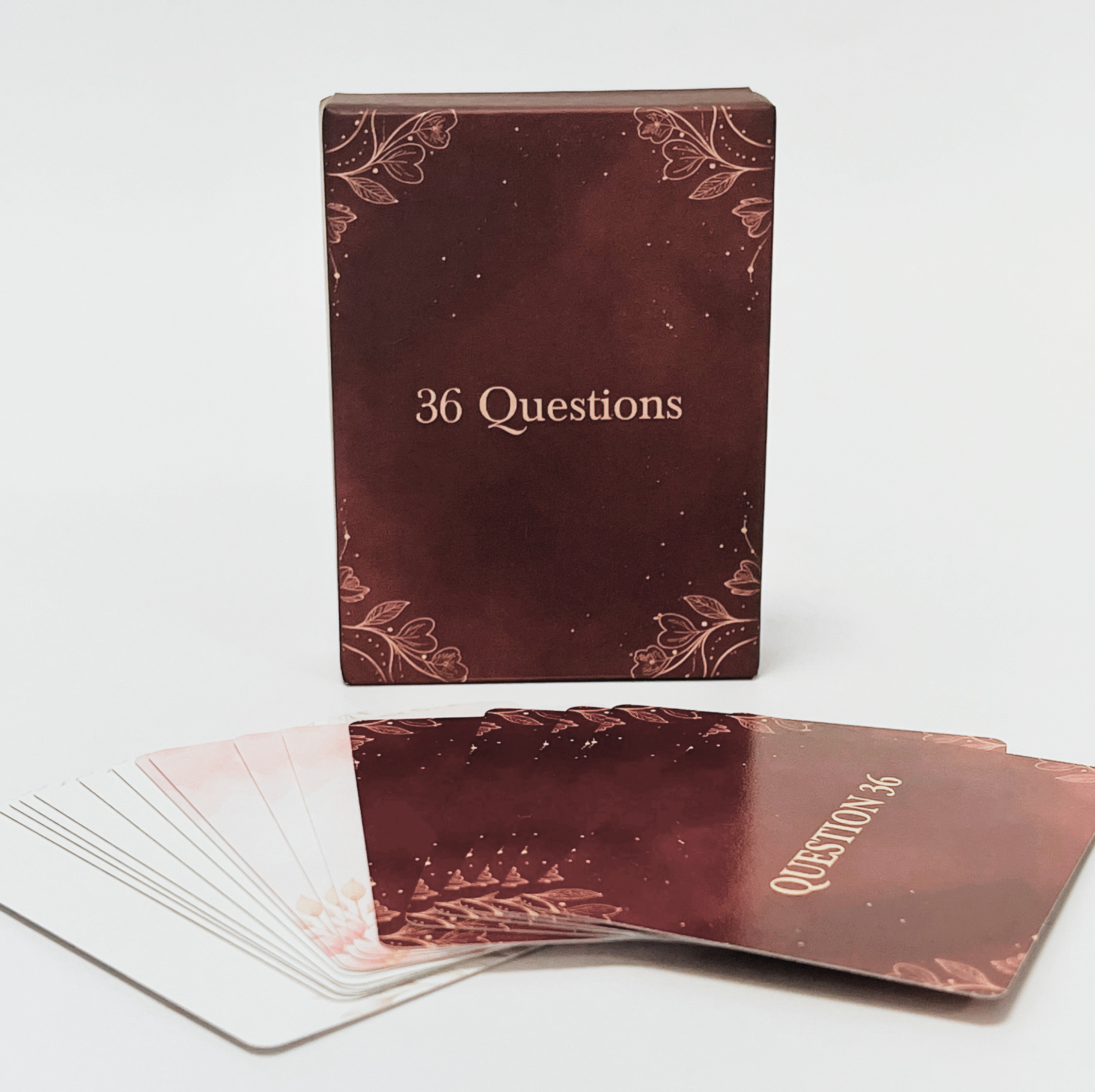 36 Love Questions card game box with fanned cards