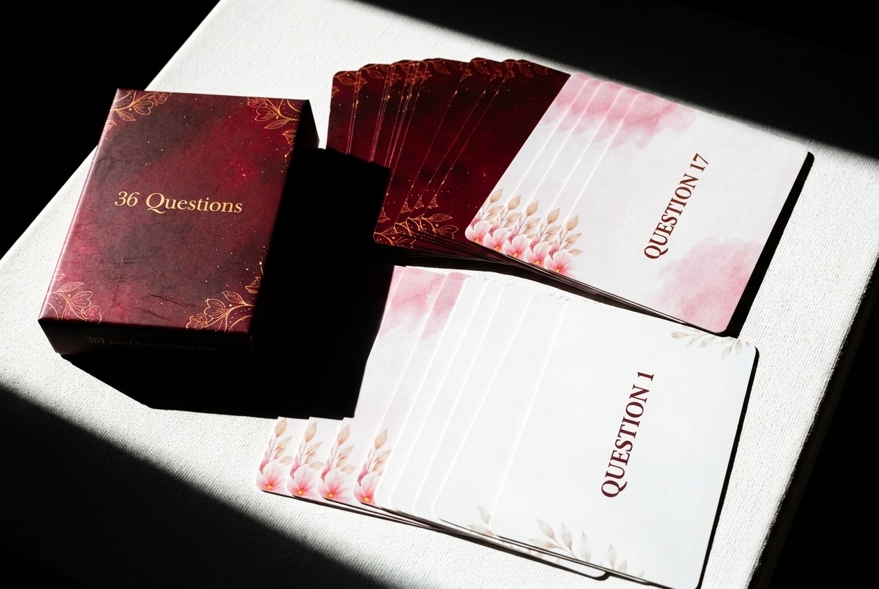 36 Questions card box with deck and cards arranged on a textured surface in dramatic light