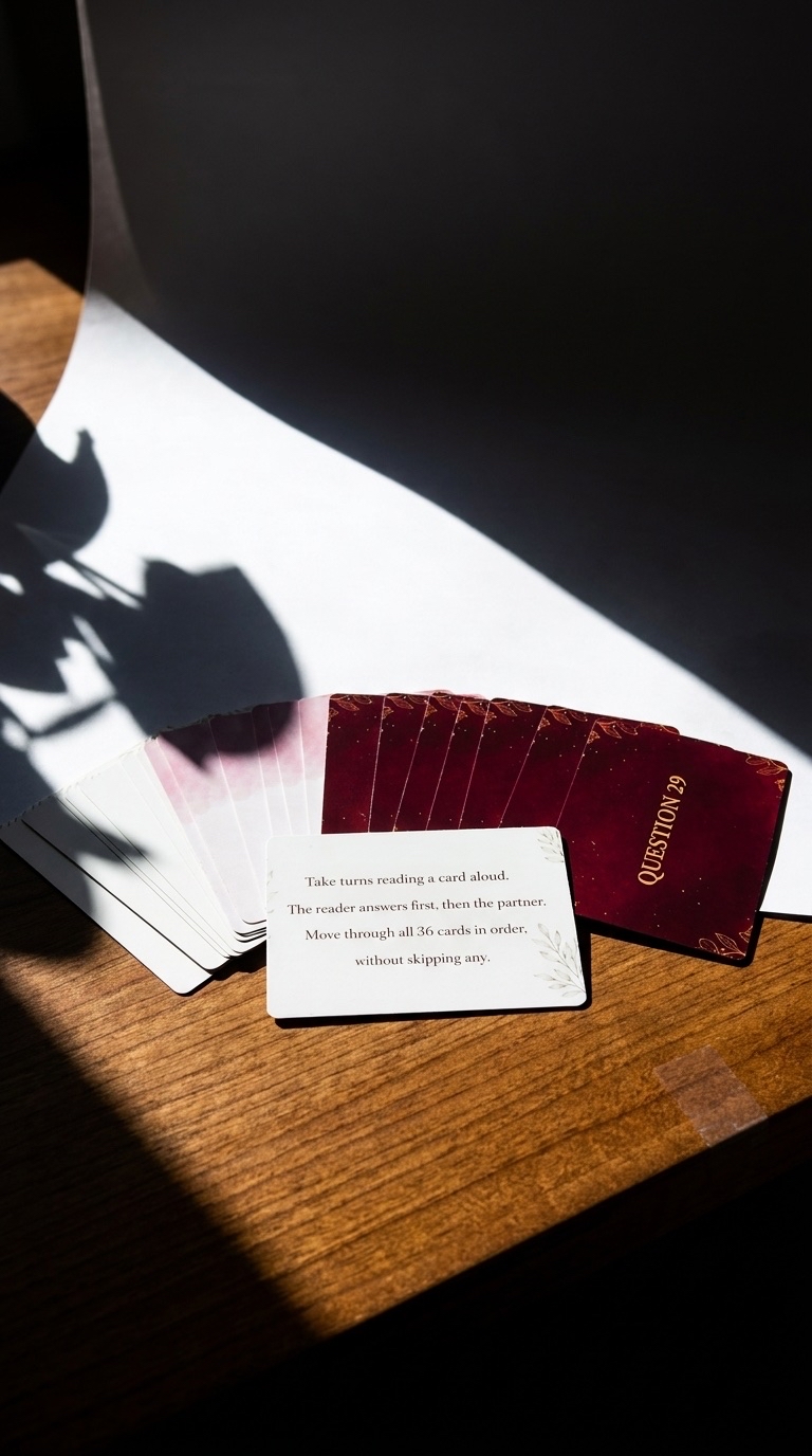 36 Questions cards fanned with the instructions card lit by warm sunlight on a wooden table